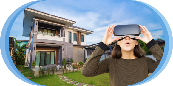 Woman using virtual reality glasses and seeing her house